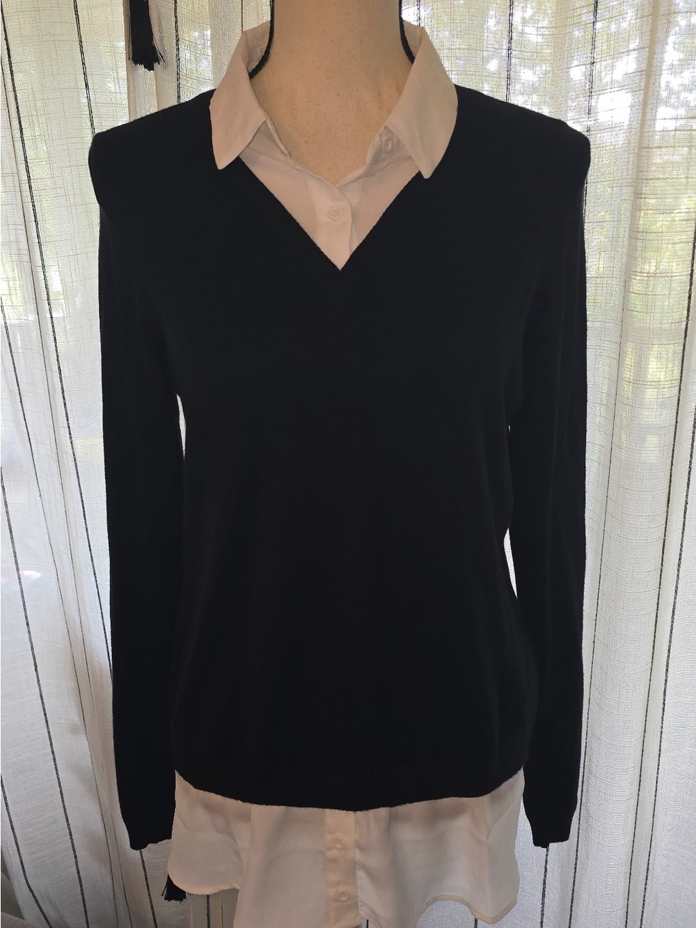 Adrianna Papell Black V-Neck Sweater with White Faux-Layered Shirt Detail